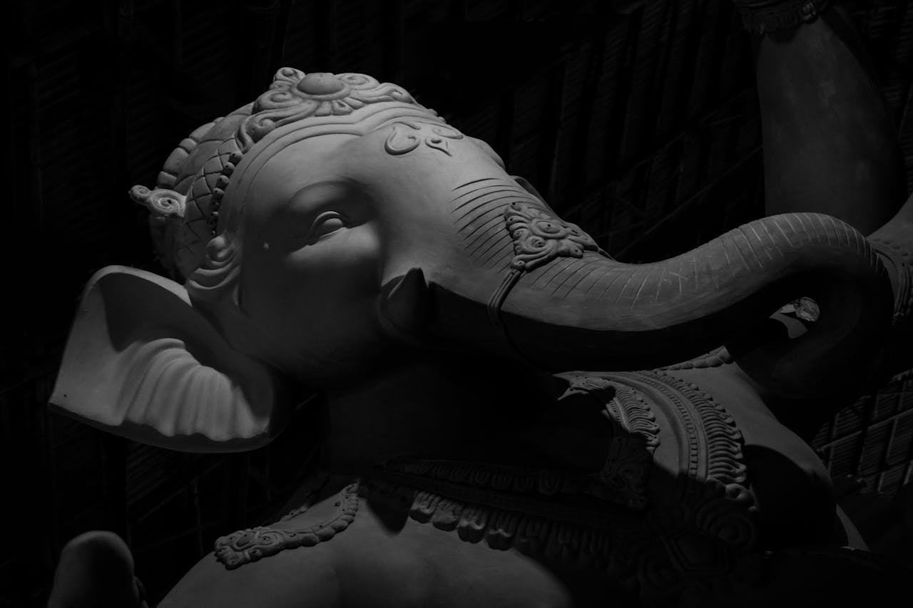 services-04 Close-up of a Ganesha sculpture in monochrome, highlighting intricate details. Shot in Mumbai.